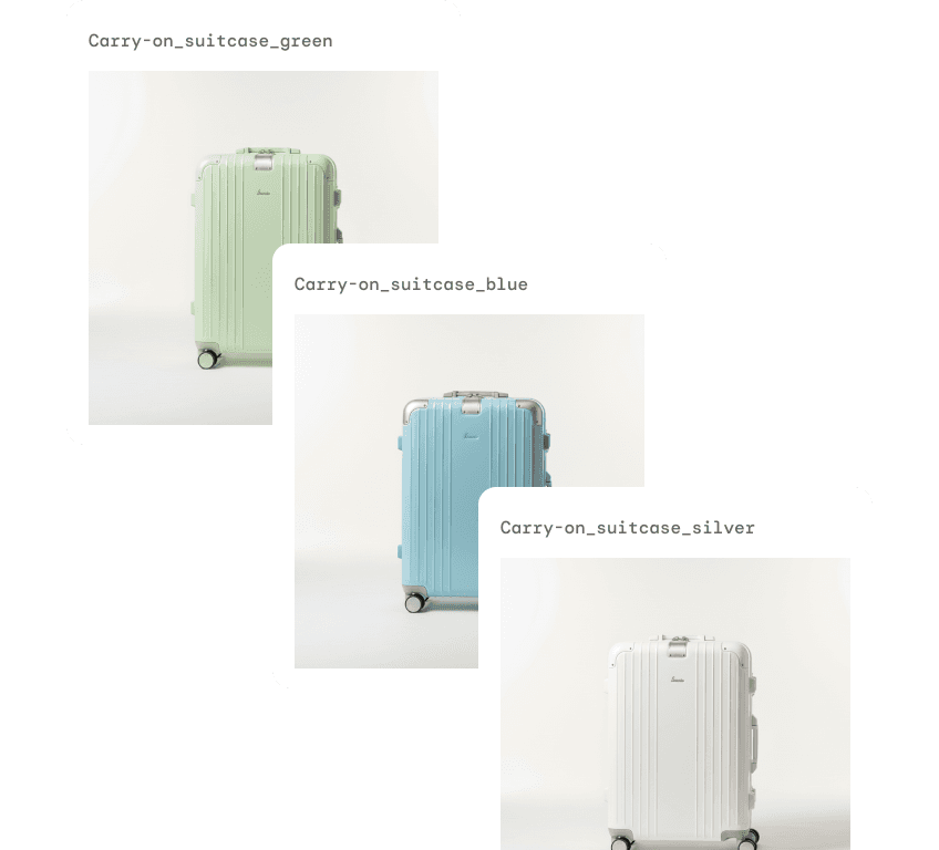 Three Ad Studio product catalog cards showing carry-on suitcases in green, blue, and silver color variants