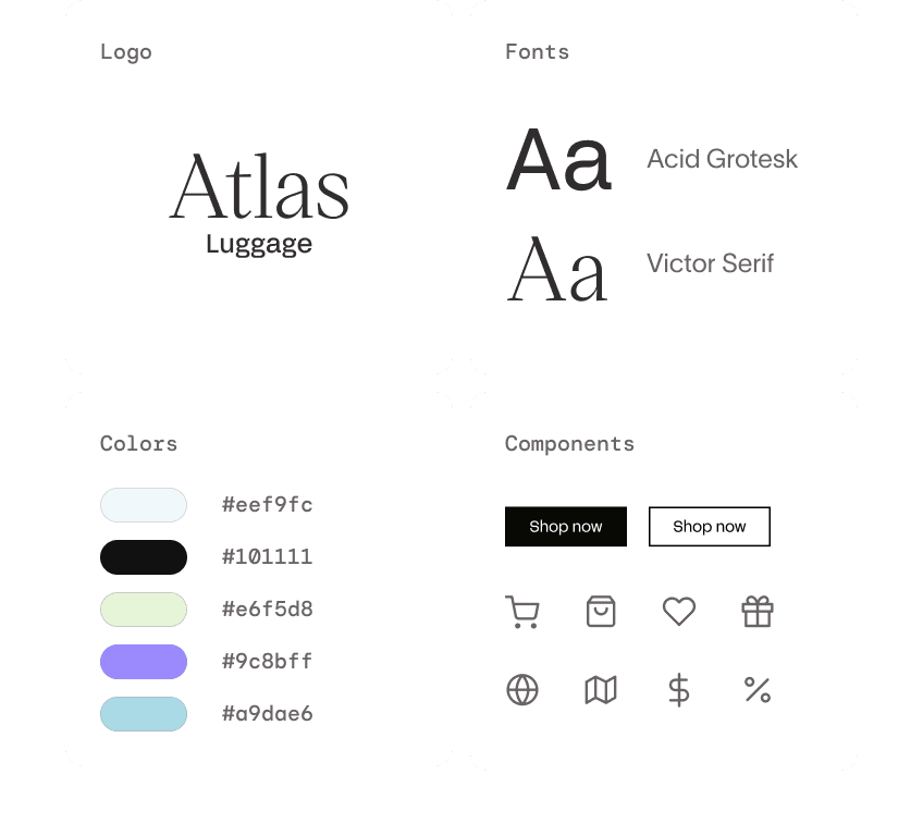 Ad Studio brand guidelines panel with logo, fonts, color hex swatches, and reusable button and icon components