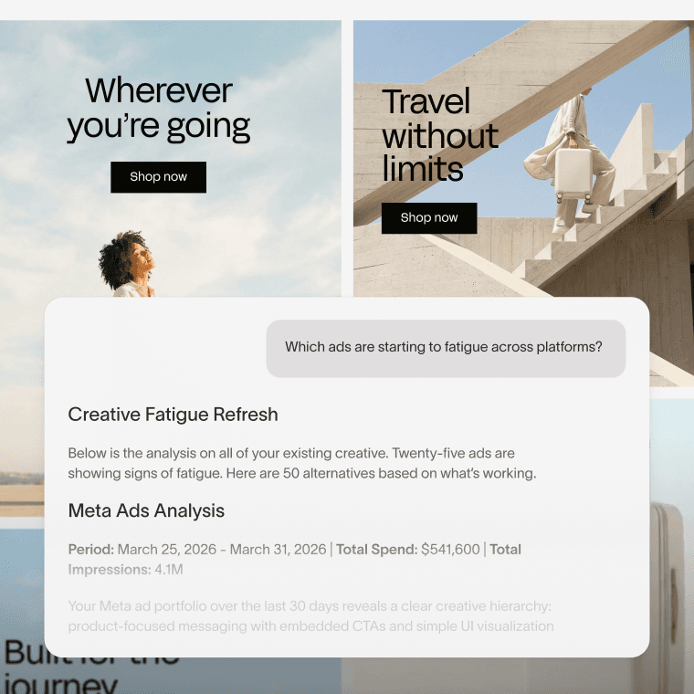 Ad Studio creative fatigue analysis showing travel ads with an AI prompt generating a refresh report alongside Meta Ads performance data