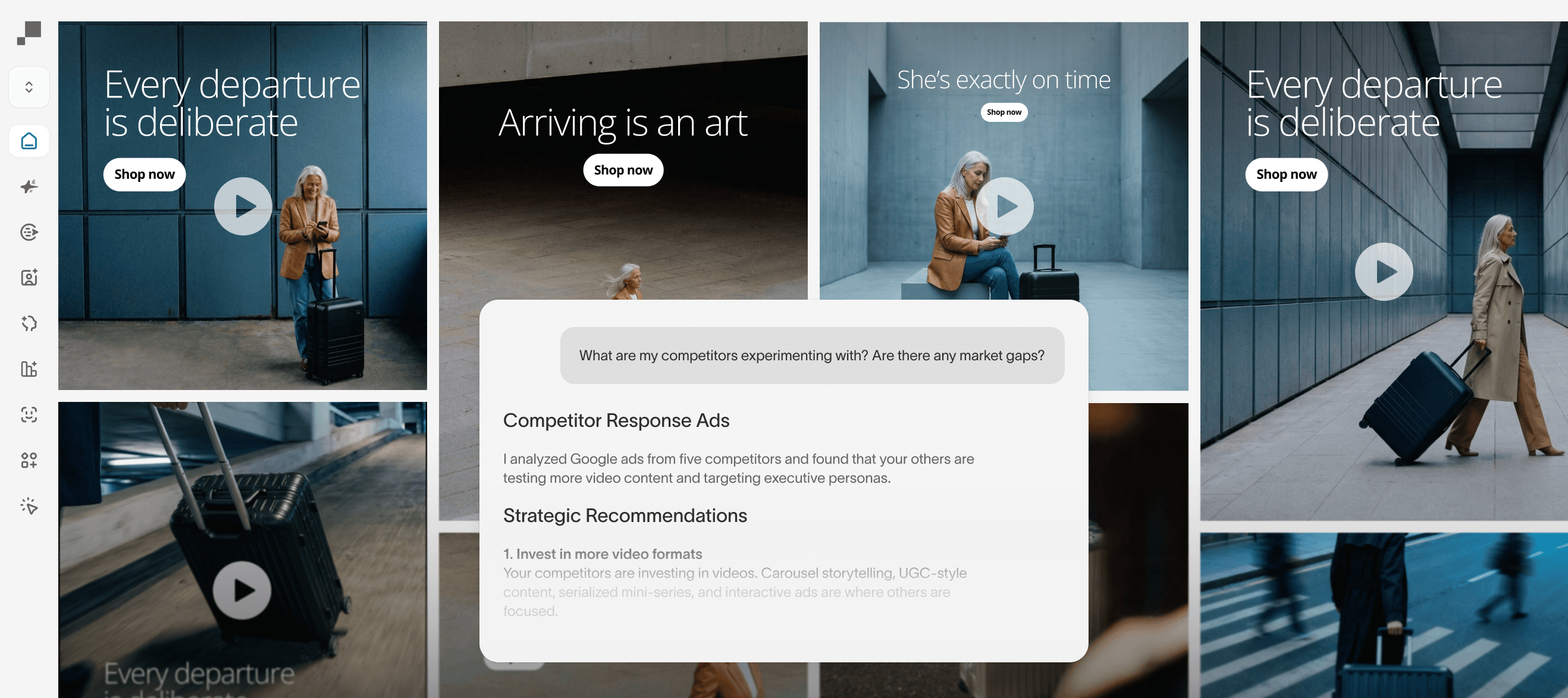 Ad Studio competitor analysis with an AI prompt generating response recommendations over a set of dark-toned travel video ads