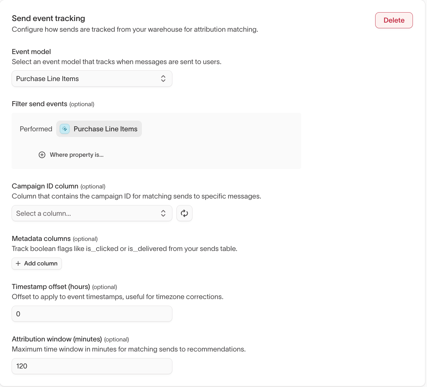 Send event tracking configuration panel