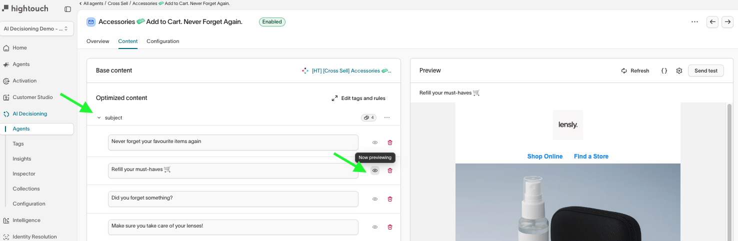 Clicking the eye icon to preview a subject line variant. The "Now previewing" banner appears in the preview pane.