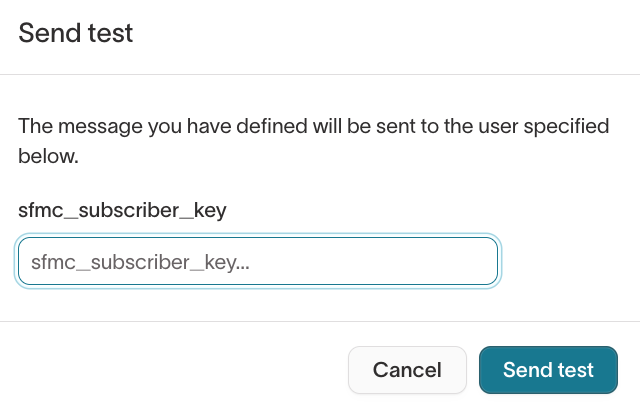 The Send test dialog, where you enter the identifier for your test user.
