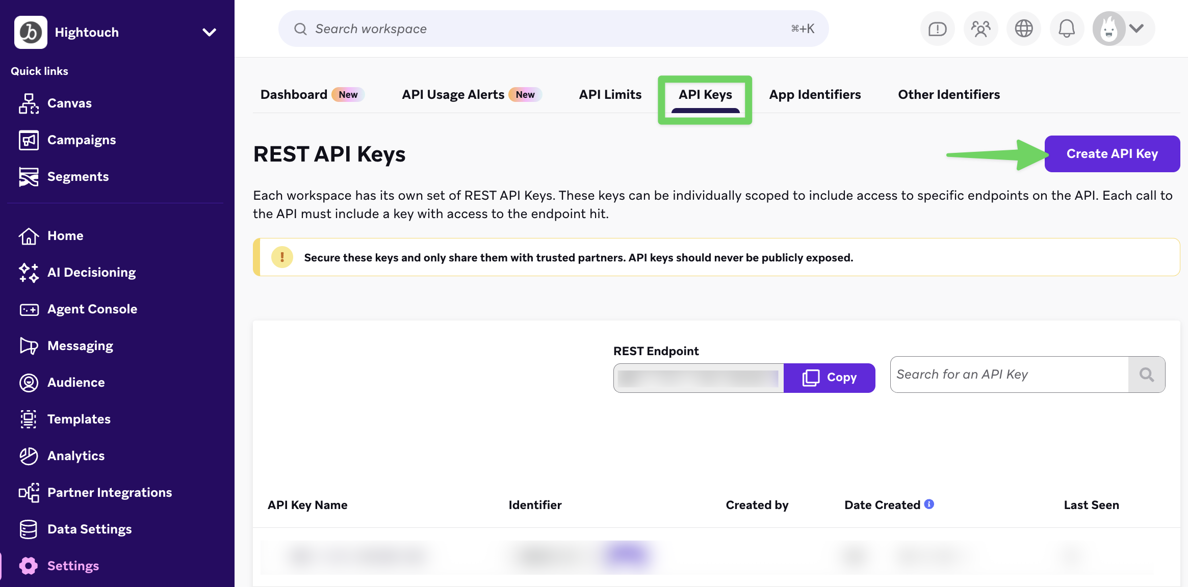 Finding an API key in the Braze dashboard