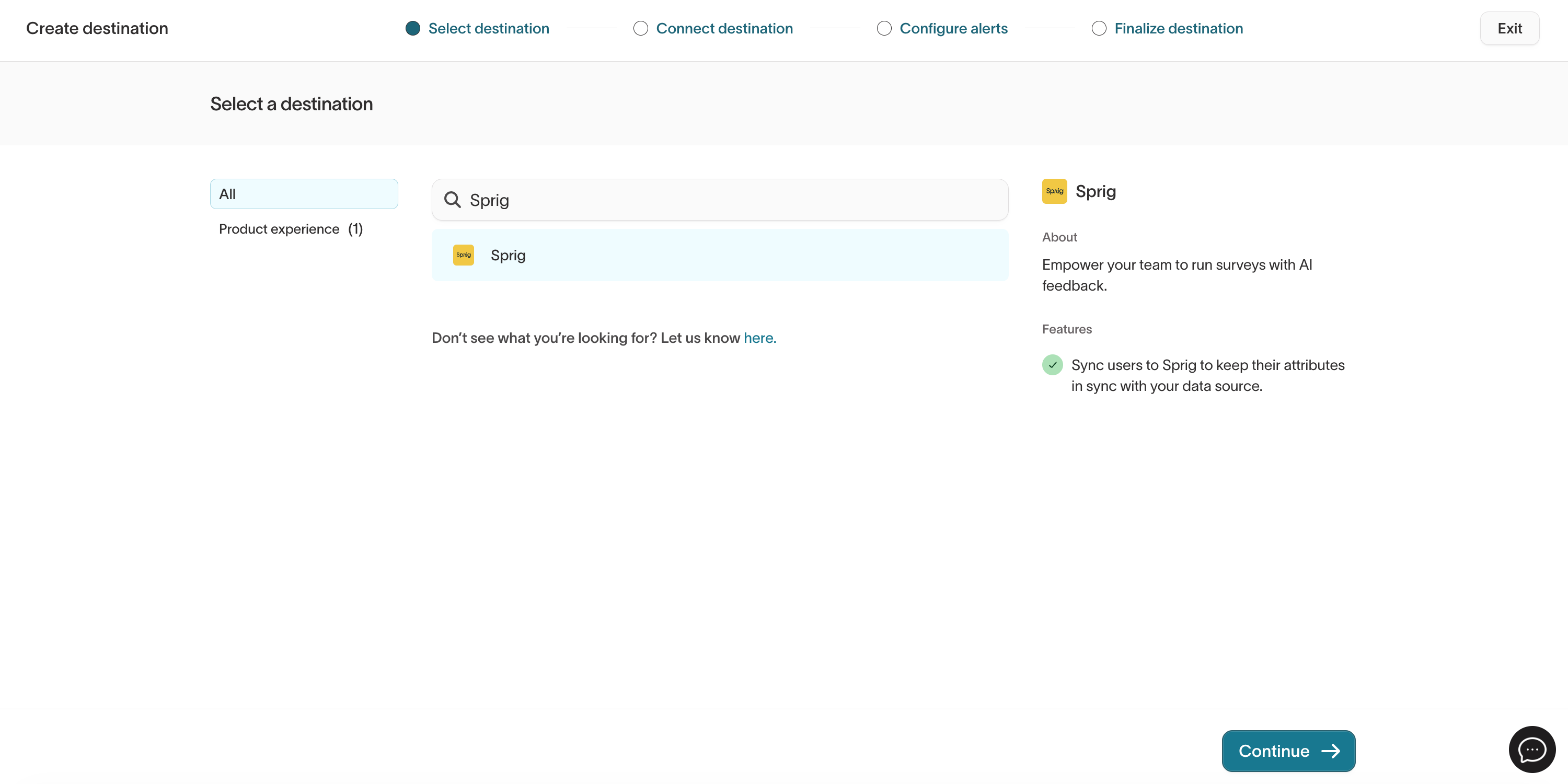 Selecting Sprig in the Hightouch destination catalog