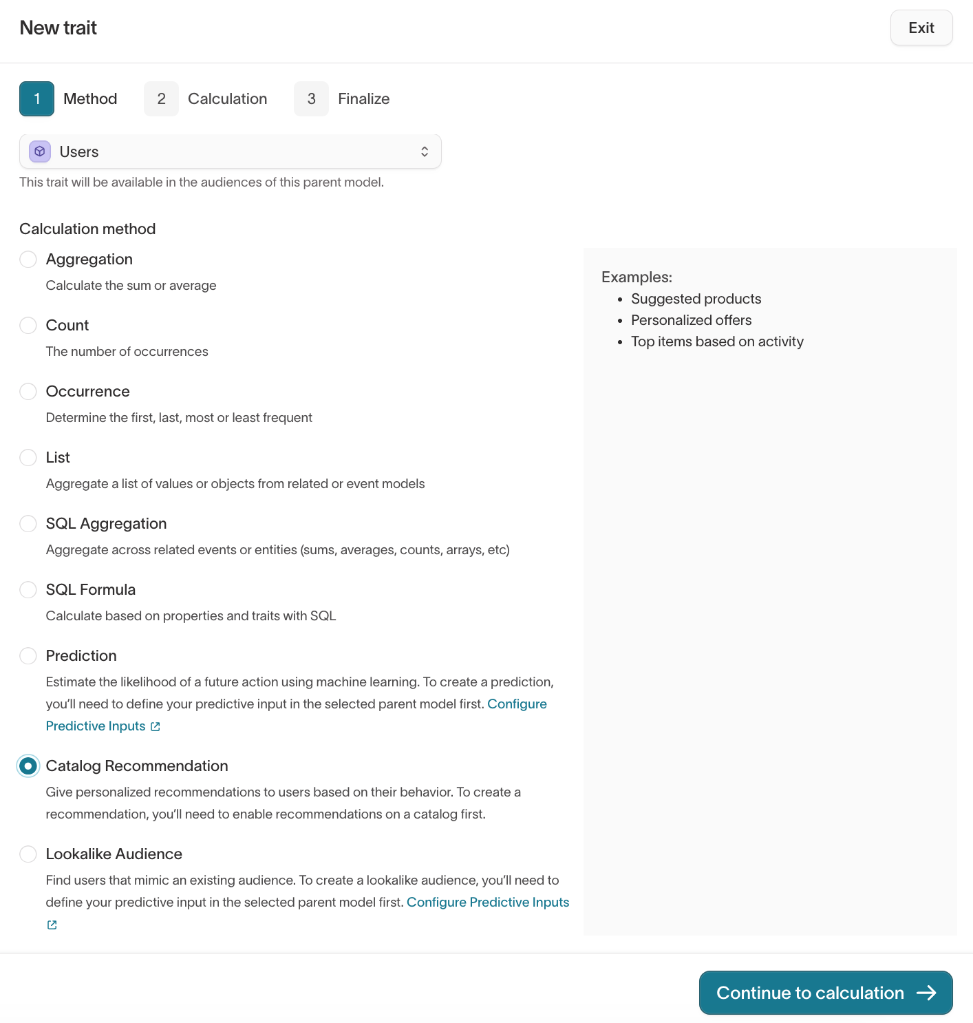 Method step with Catalog Recommendation selected