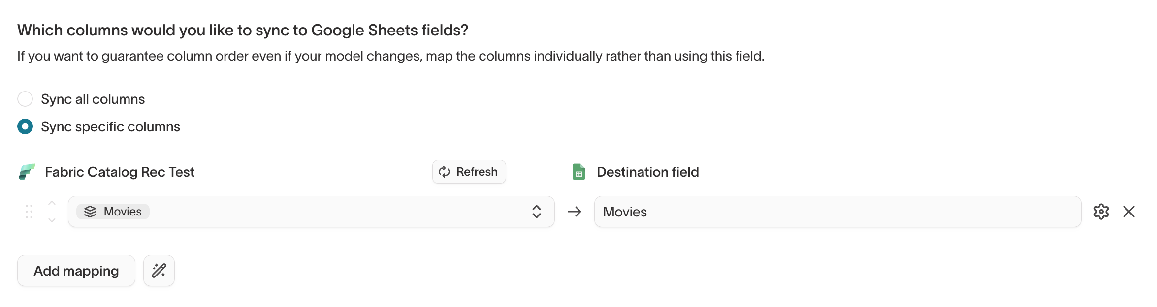Sync field mapping with a catalog recommendation trait mapped to a destination field