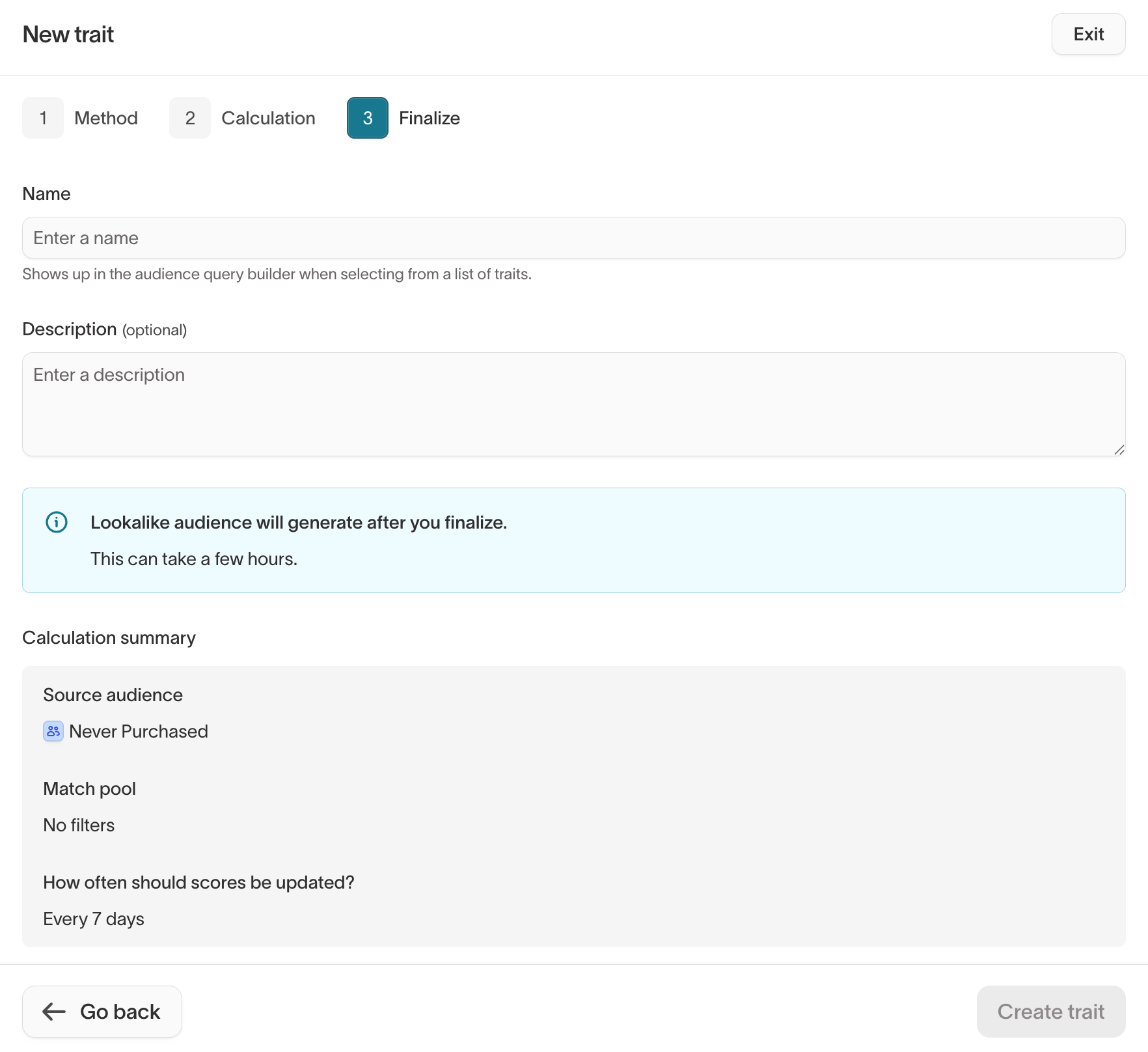 Finalize step showing trait name, description, and calculation summary with source audience and match pool