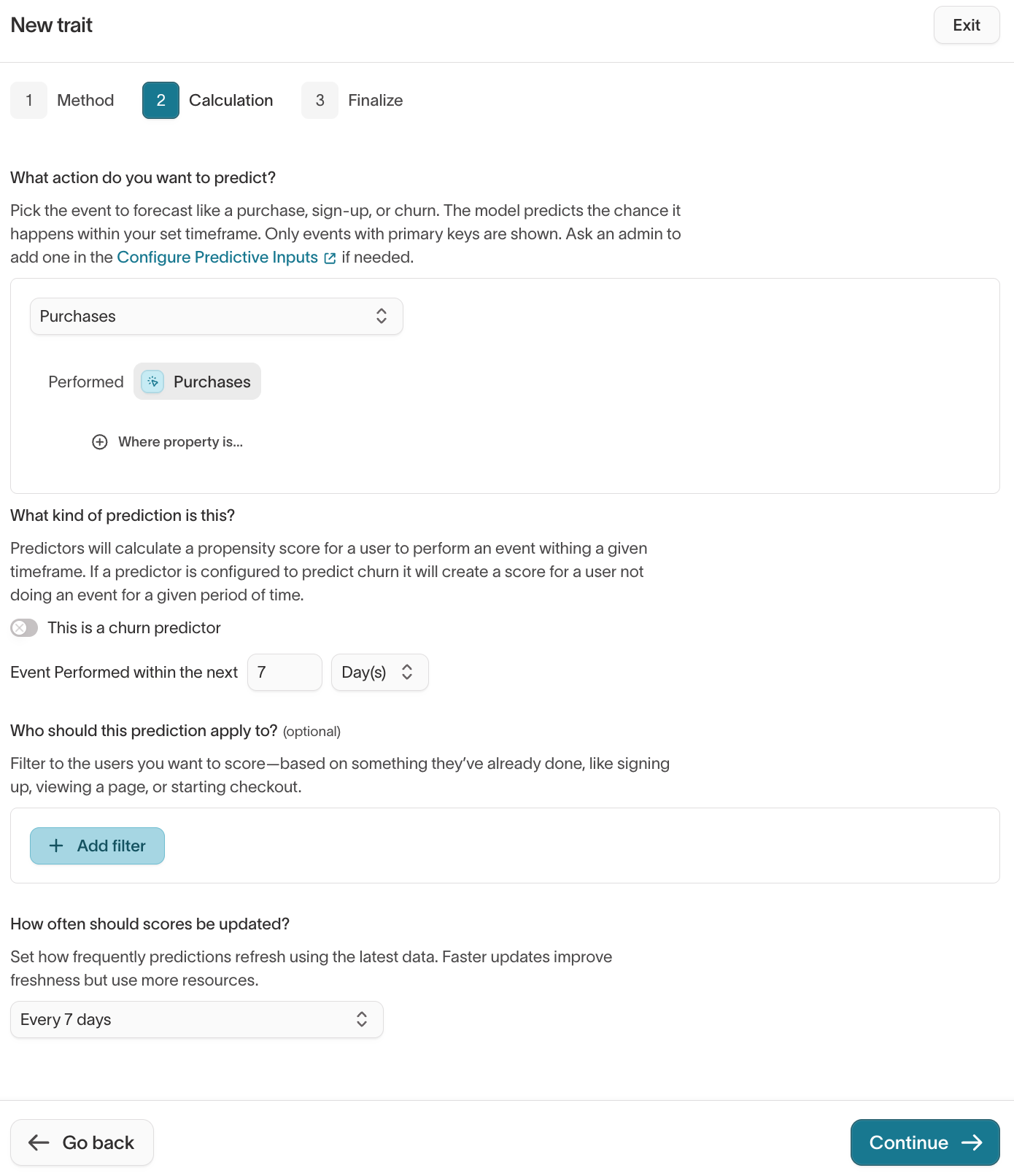 Calculation step showing event selection, timeframe, eligible users, and update schedule