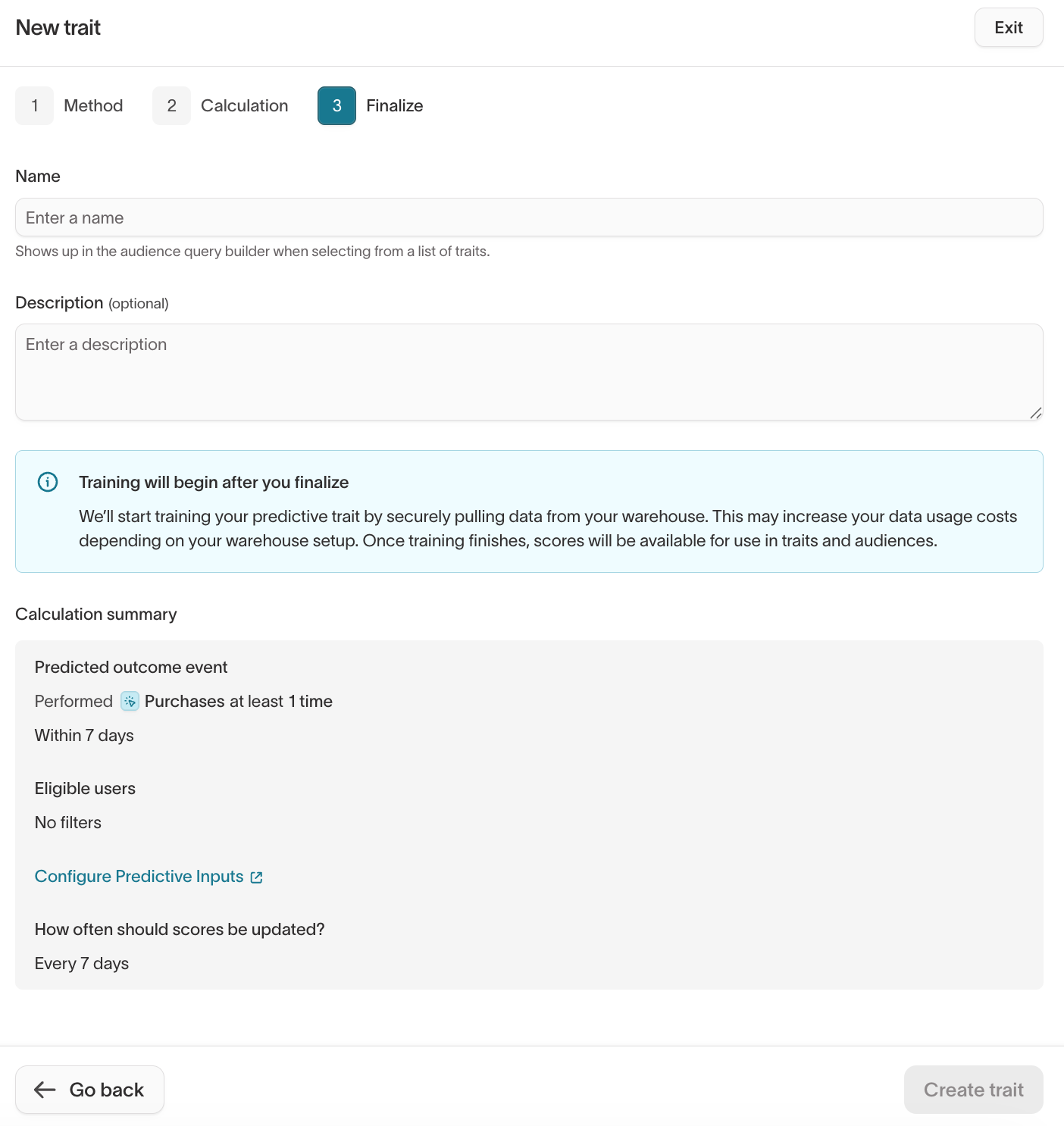 Finalize step showing trait name, description, training notice, and calculation summary