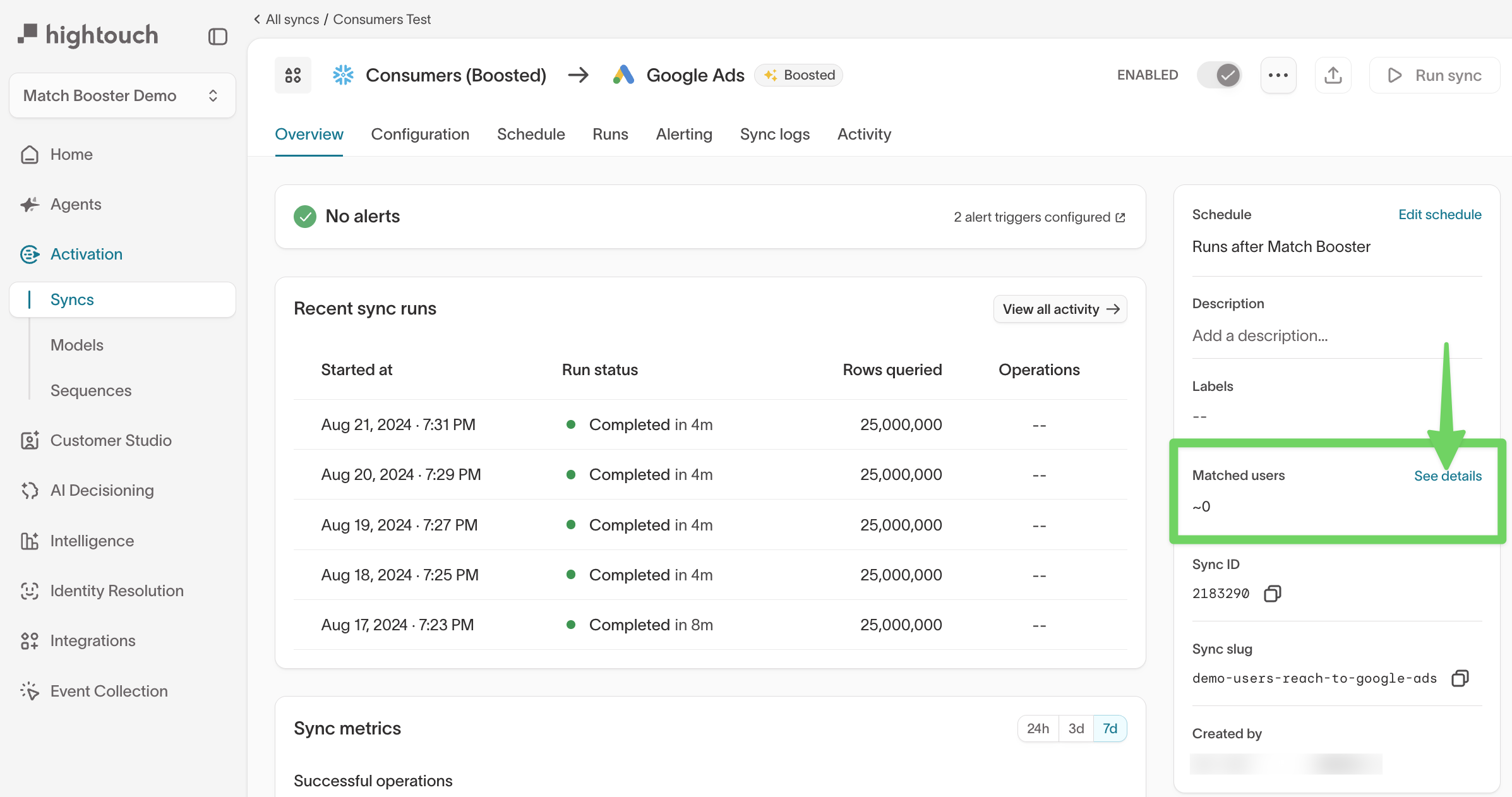 The sync overview page with the Matched users section highlighted in the right-hand panel.