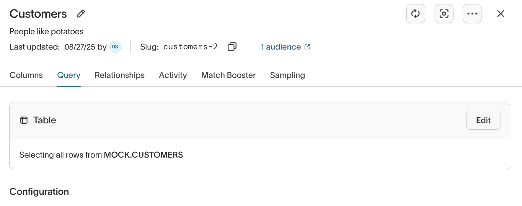 Customer Studio table selector
