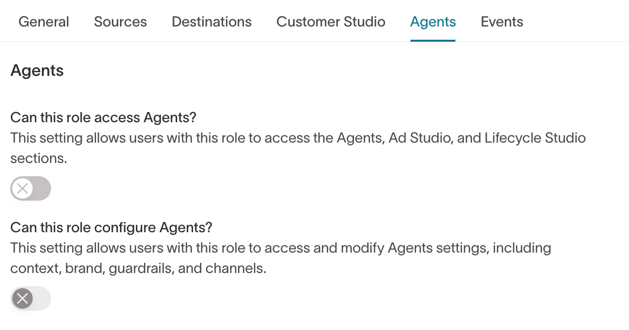 Custom role Agents tab showing access and configuration grants