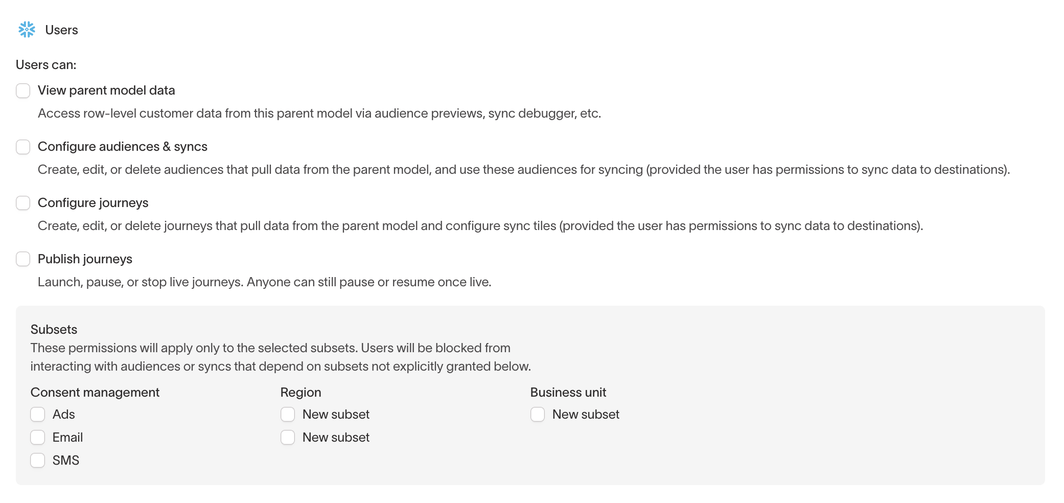 Custom role Customer Studio tab showing grants for a specific parent model