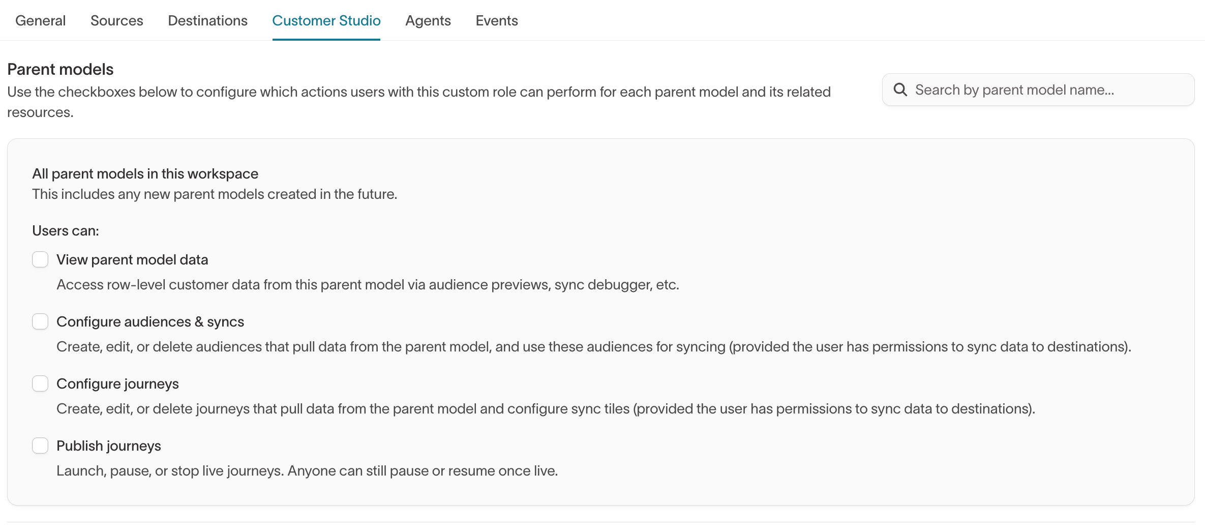 Custom role Customer Studio tab showing per-parent-model grants
