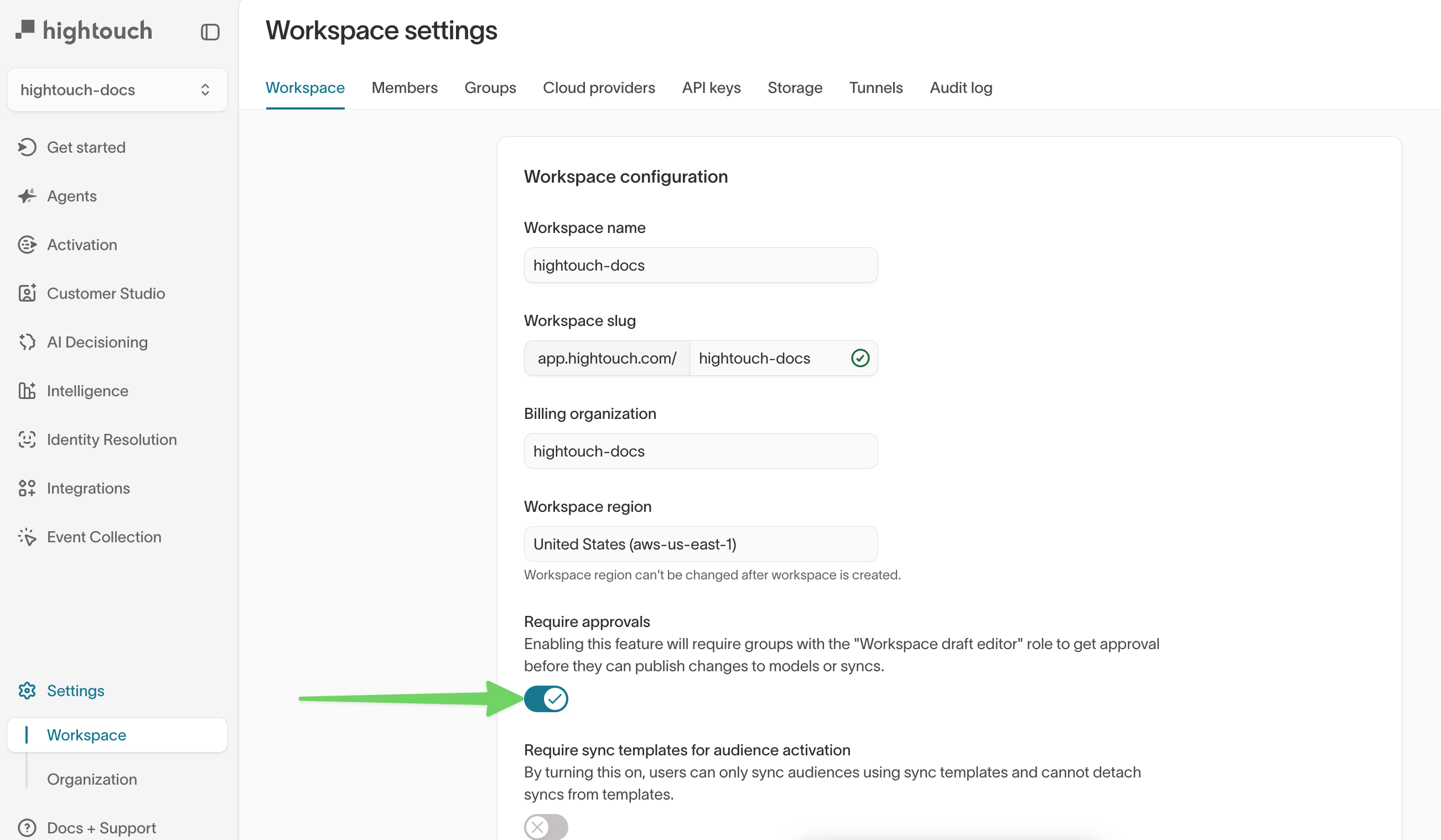 Require approvals toggle in Workspace settings